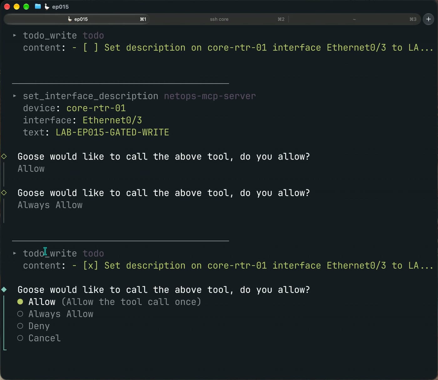 Goose showing the set_interface_description call with its arguments and an Allow, Always Allow, Deny, Cancel prompt