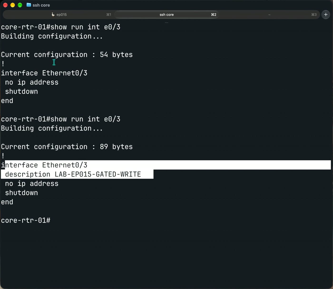 core-rtr-01 show run for Ethernet0/3 before and after the write, with the new description line highlighted
